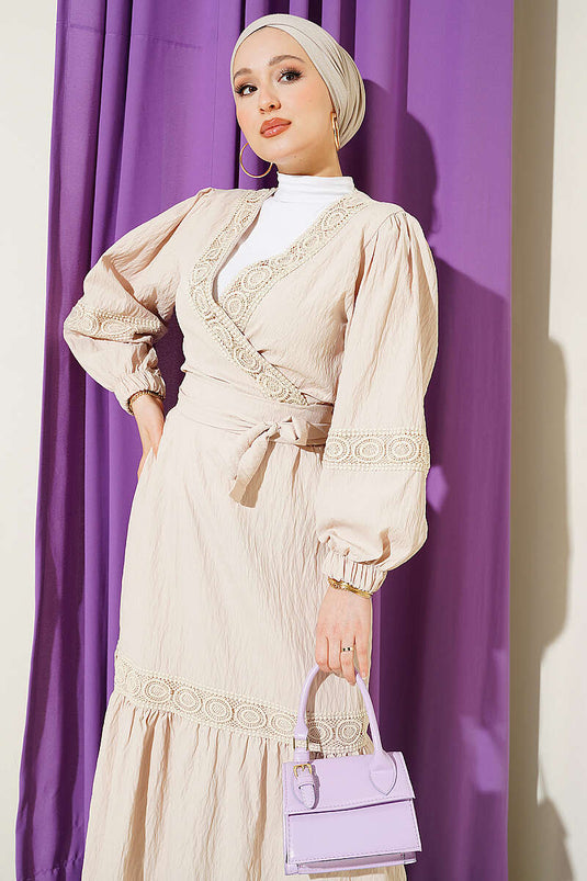 Beige Lace Front Tie Double Set