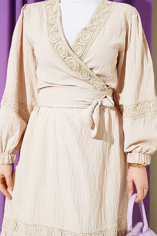 Beige Lace Front Tie Double Set