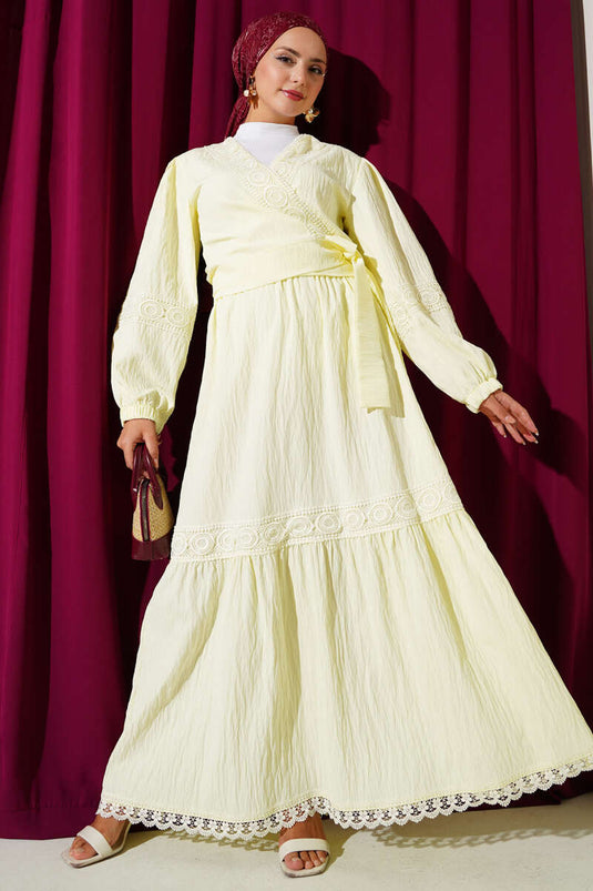 Dantelli Önden İp Bağlamalı İkili Takım Sarı