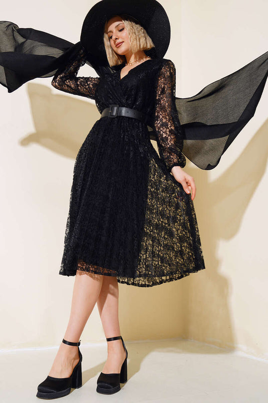 Lace Detailed Pile Dress Black