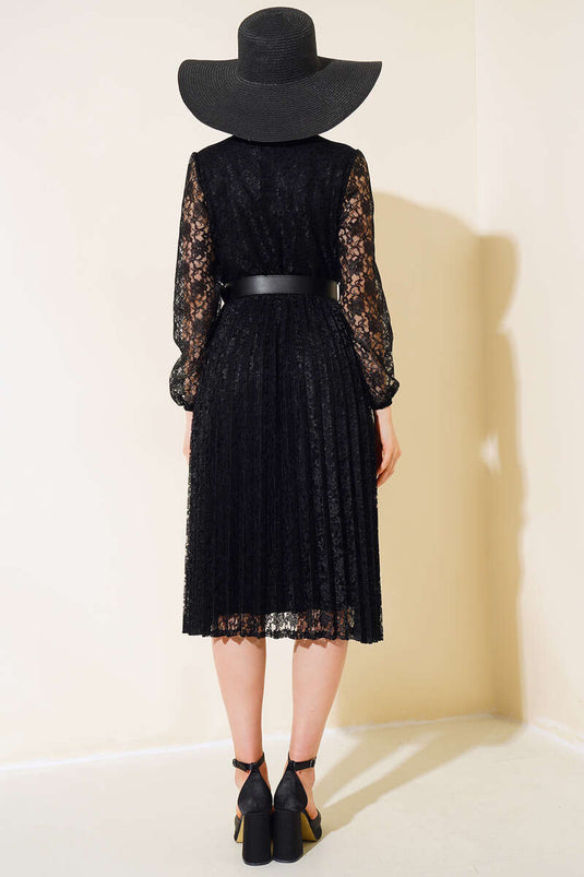 Lace Detailed Pile Dress Black