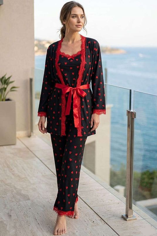 Dantelli Sabahlıklı 3'lü Pijama Takımı Siyah