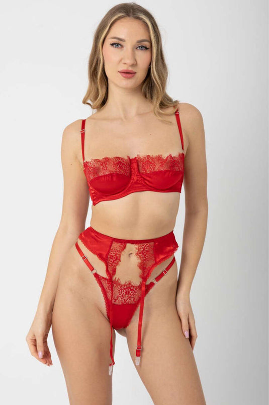 Ensemble de lingerie fantaisie 3 pièces en satin et dentelle rouge avec porte-jarretelles