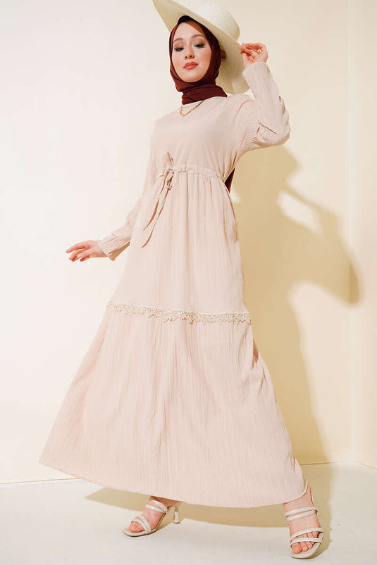 Lace Detailed Tunic Dress Beige