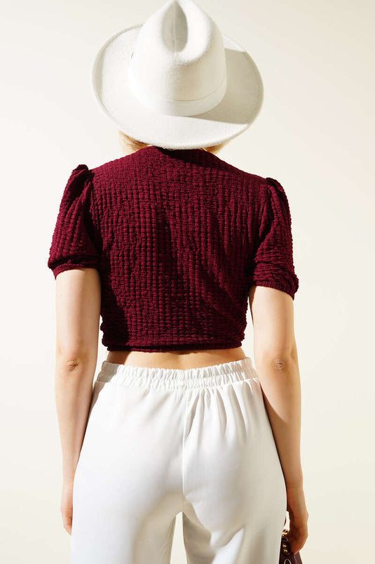 Dantelli V Yaka Gofre Crop Bordo