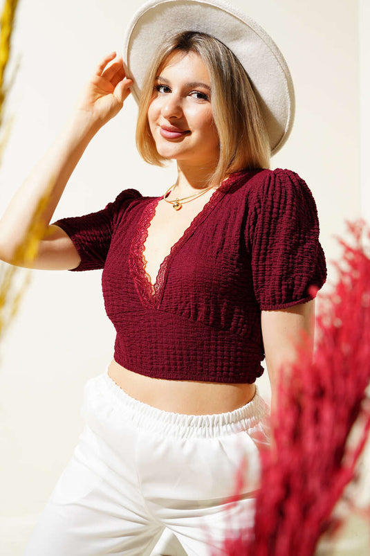 Dantelli V Yaka Gofre Crop Bordo