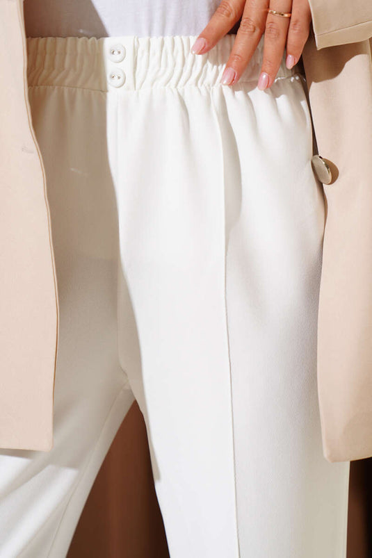 Dar Paça Bel Lastikli Çımalı Pantolon Ekru