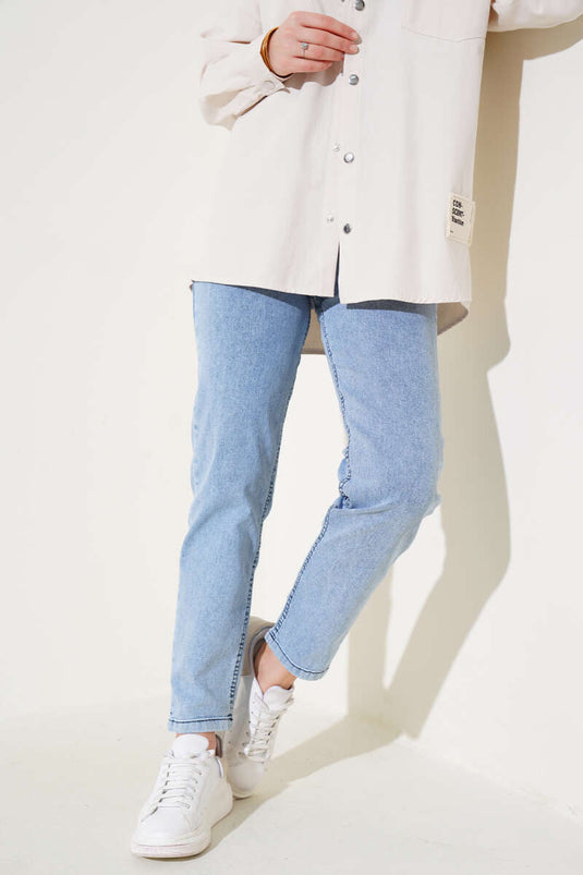 Jeans Pierna Pitillo Cintura Elástica Azul Claro