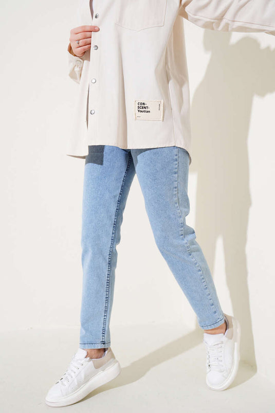 Jeans Pierna Pitillo Cintura Elástica Azul Claro