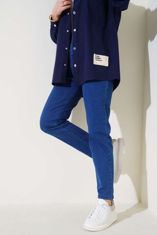 Jeans Pierna Pitillo Cintura Elástica Azul