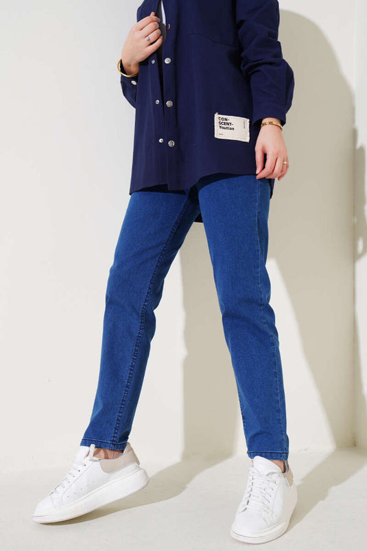 Jeans Pierna Pitillo Cintura Elástica Azul