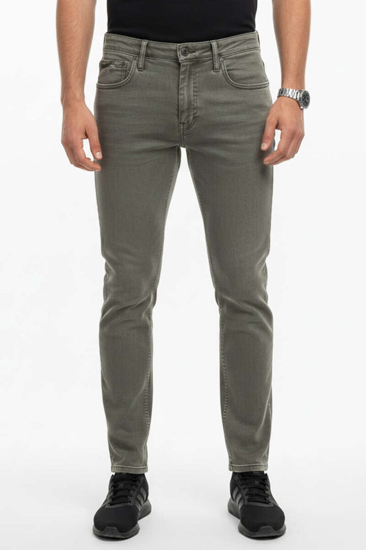 Pantalon en jean pour homme avec poches et boutons, couleur kaki, modèle Dar Paça