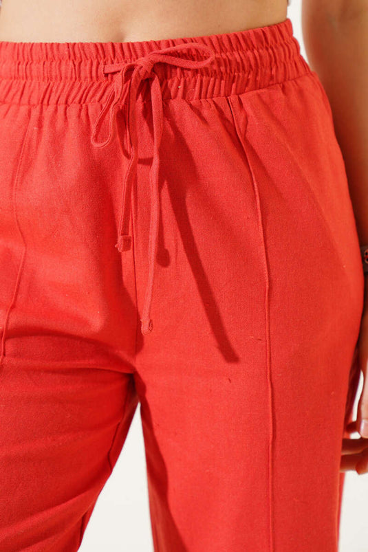 Slim Leg Elastic Waist Trousers with Ribbed Legs, Tile Color