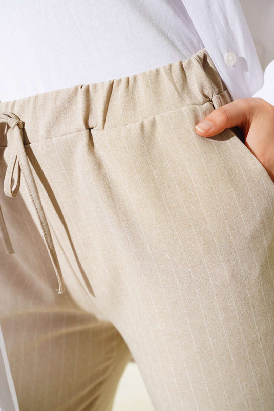 Beige Striped Trousers