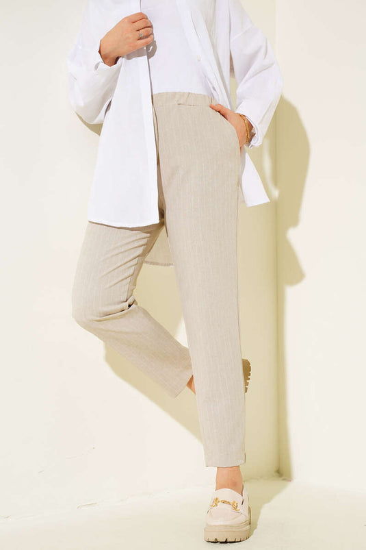 Beige Striped Trousers