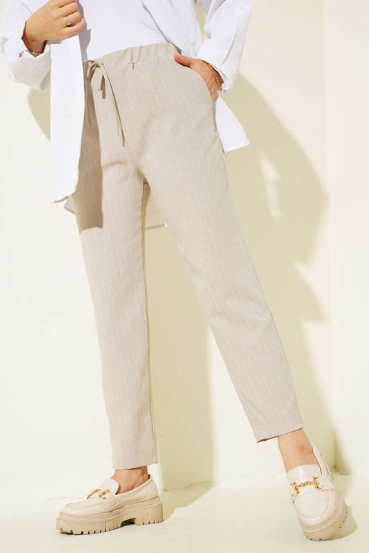 Beige Striped Trousers