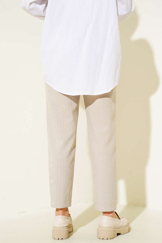 Beige Striped Trousers