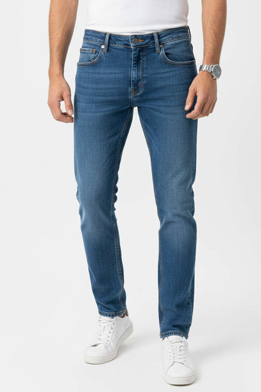 بنطال جينز رجالي ضيق بساق مطاطية لون أزرق متوسط