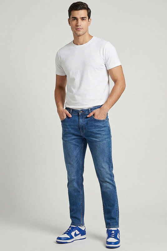 Pantalon homme en jean bleu avec empiècement en lycra Dar Paça