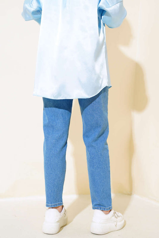 Dar Paça Mom Jean Kot Pantolon Mavi