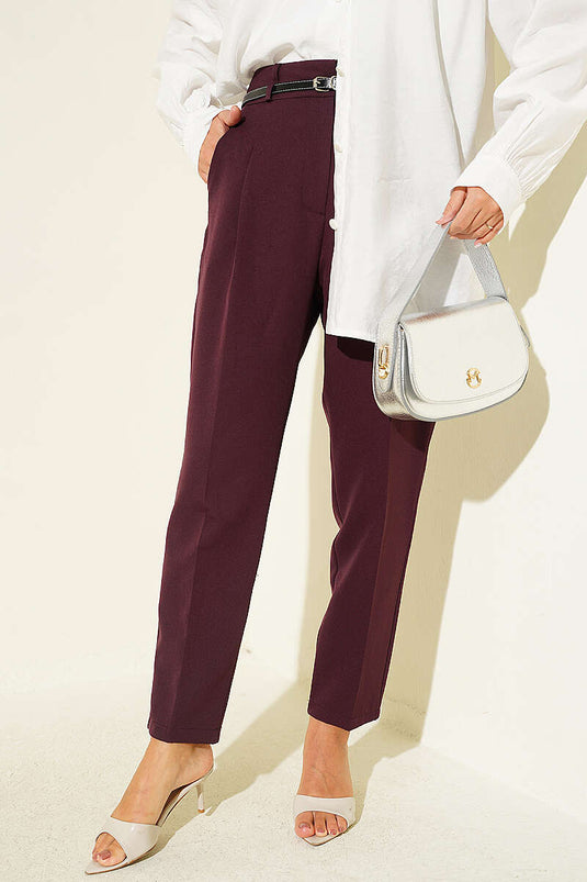 Pantalon En Tissu À Revers Avec Ceinture Couleur Prune