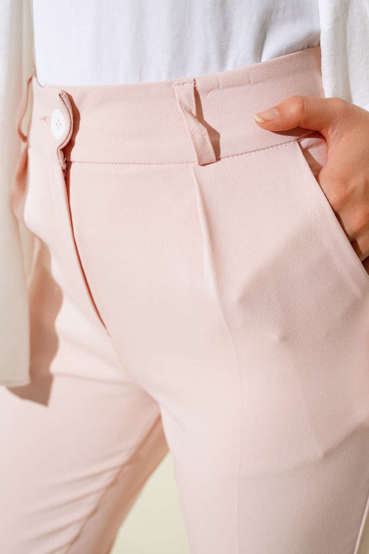 Dar Legged Pleated Fabric Trousers Powder