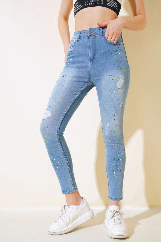 بنطال جينز ضيق بلون الساق، أزرق متوسط