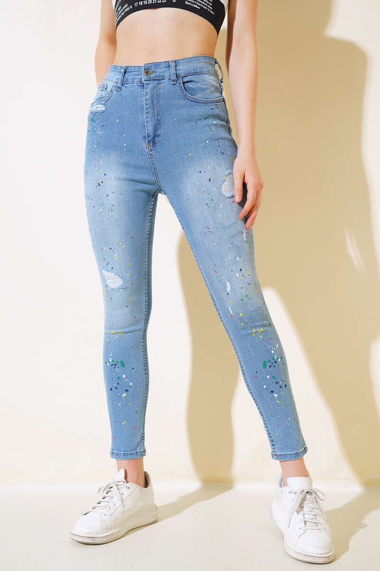 بنطال جينز ضيق بلون الساق، أزرق متوسط