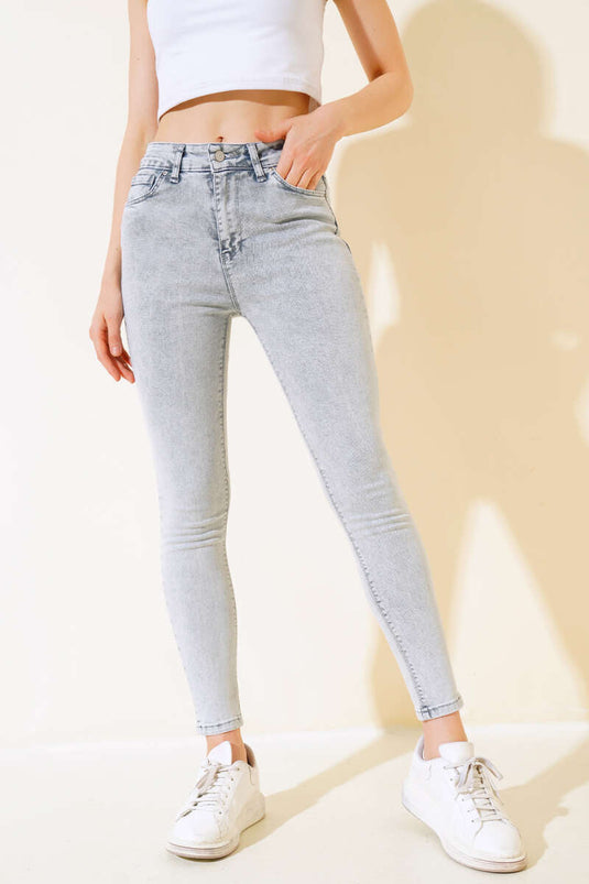 Pantaloni jeans a vita alta con gamba skinny Grigio neve