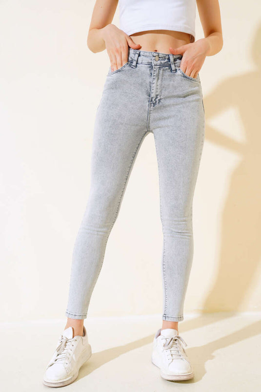 Pantaloni jeans a vita alta con gamba skinny Grigio neve