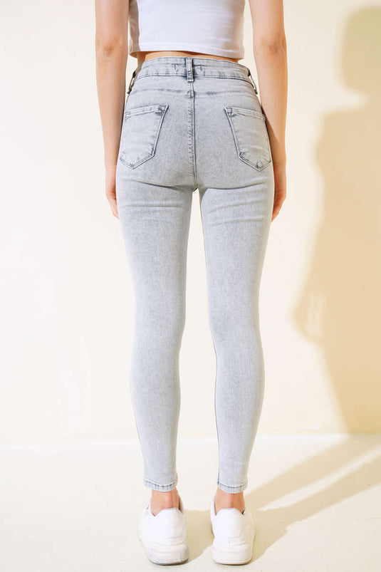 Pantaloni jeans a vita alta con gamba skinny Grigio neve