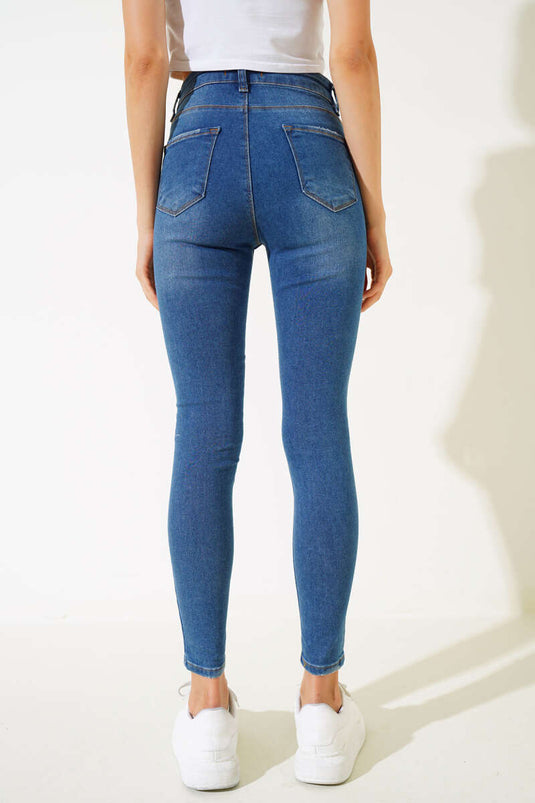 Dar Paça Yüksek Bel Kot Pantolon Orta Mavi