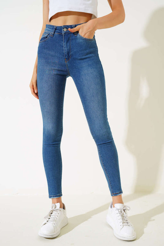 Dar Paça Yüksek Bel Kot Pantolon Orta Mavi