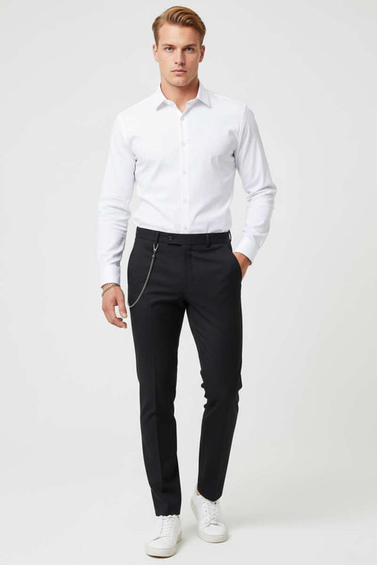 Schwarze, schmal geschnittene Stoffhose für Herren mit Kettendetail