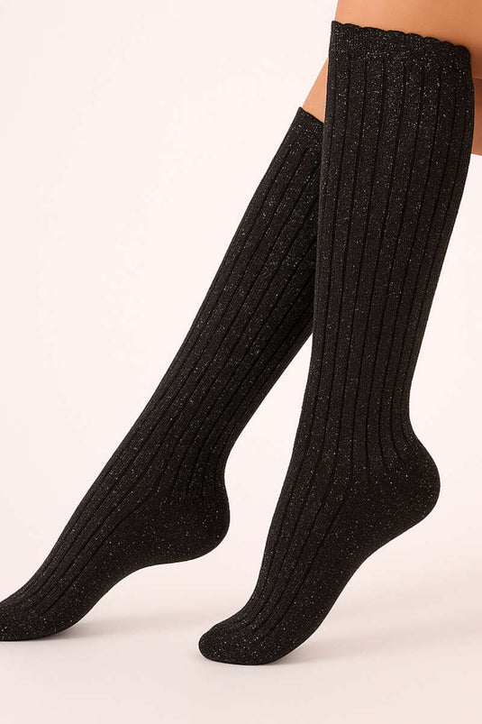 Daymod Rippsocken mit Kordel und Glitzer, kniehoch, Schwarz/Silber