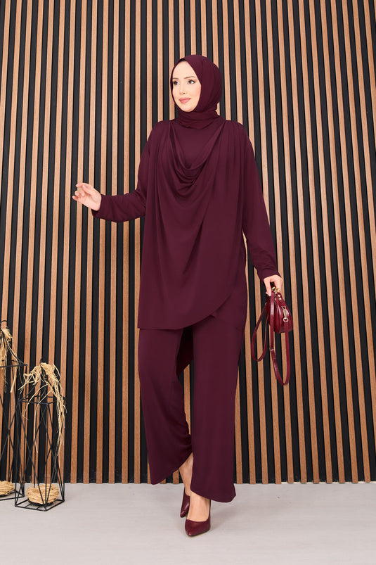 Ensemble deux pièces hijab sable avec débardeur drapé (bordeaux)