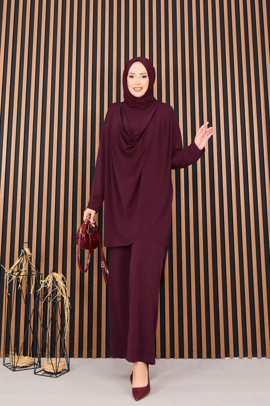 Ensemble deux pièces hijab sable avec débardeur drapé (bordeaux)