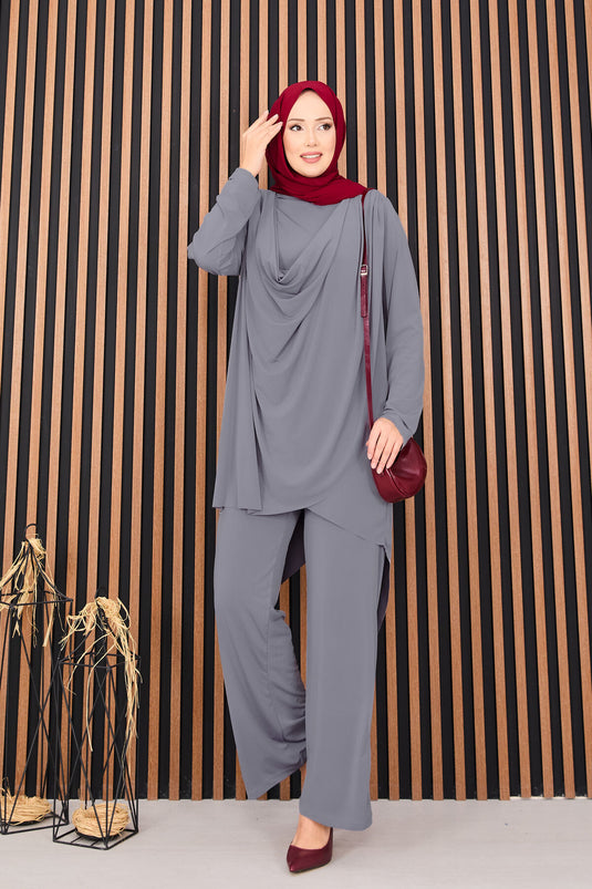 طقم حجاب ساندي مكون من قطعتين رمادي مع ديجاي منسدلة