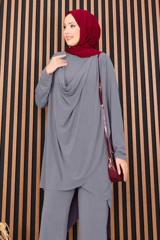 Ensemble deux pièces Sandy Hijab Gris avec Dégaje drapé