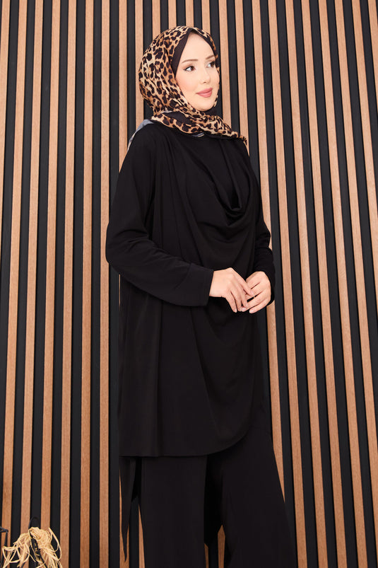 Ensemble deux pièces hijab Sandy noir avec détails drapés