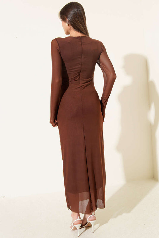 Degaje Yaka Bel Büzgülü Elbise Kahve