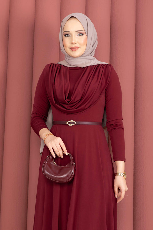 Sandy Dress with V-Neck and Waist Belt, Burgundy