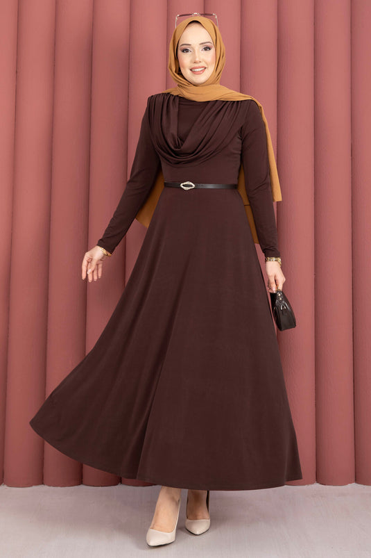 Sandy Dress with V-Neck and Waist Belt, Brown