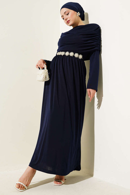 فستان ساندي مع رقبة واسعة، أزرق داكن