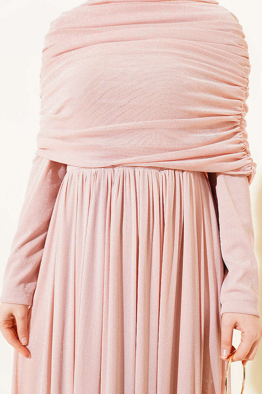 Pink Glittery Evening Dress with Off-Shoulder Neckline Appearance