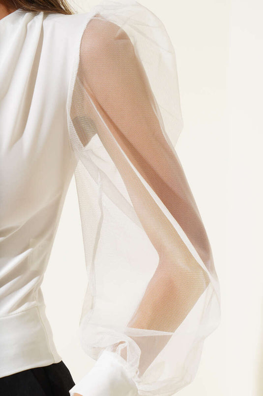White Blouse with V-Neck and Tulle Sleeves