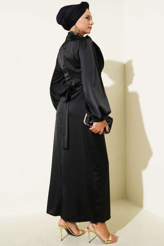 Degaje Yaka Saten Abiye Elbise Siyah