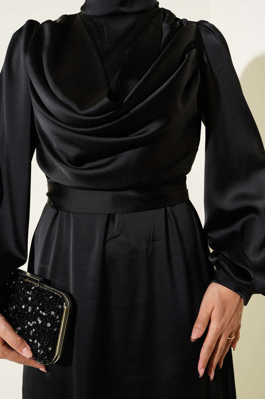 Degaje Yaka Saten Abiye Elbise Siyah