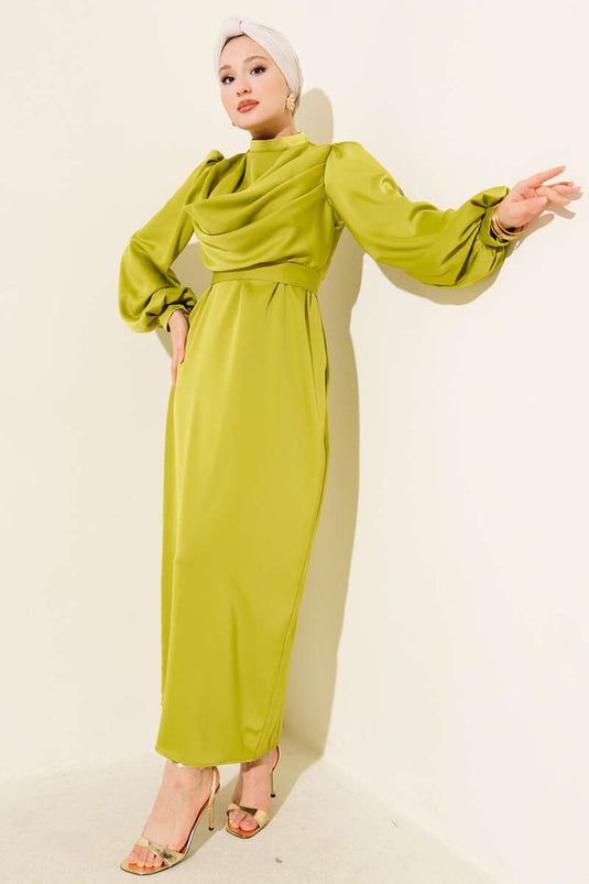 Cowl Neck Satin Evening Dress Oil Green