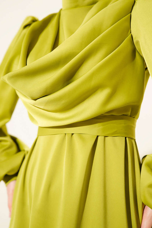 Cowl Neck Satin Evening Dress Oil Green